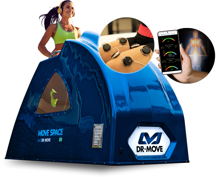 Move Space em uso, com eletroestimulação e acompanhamento por aplicativo